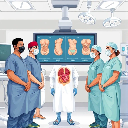 A professional medical illustration showing a diverse group of abdominal surgeons in a modern hospital setting, wearing surgical gowns and masks, standing near a digital screen displaying anatomical diagrams of the abdomen, with subtle medical equipment in the background, conveying expertise and trustworthiness