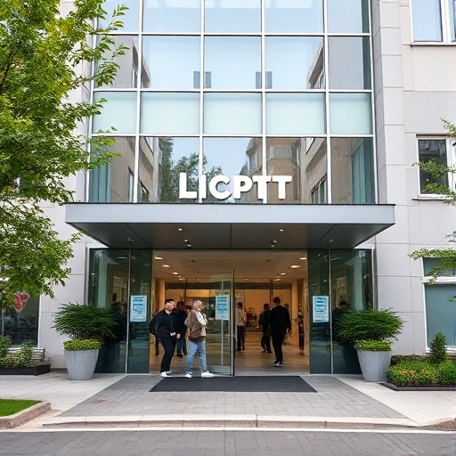 A modern medical center building with a welcoming entrance, featuring glass doors, a sign that reads 'Мирт' in Cyrillic, and people entering or exiting, surrounded by well-maintained greenery and a clean urban environment, conveying a sense of health and care