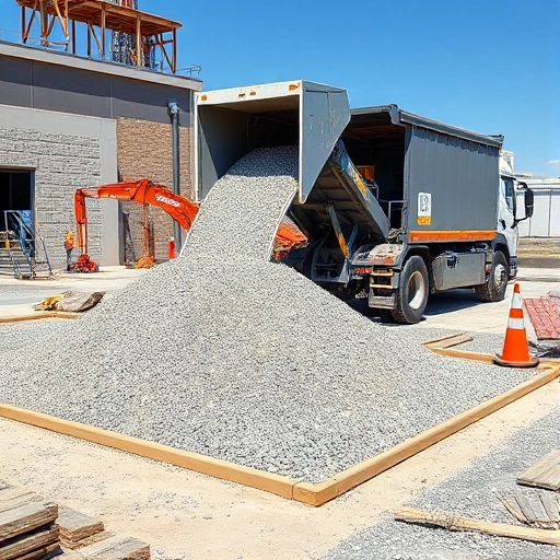 A modern construction site with a delivery truck unloading crushed stone (gravel) onto a prepared base, surrounded by tools and safety signs, clear daylight, professional and clean visual style