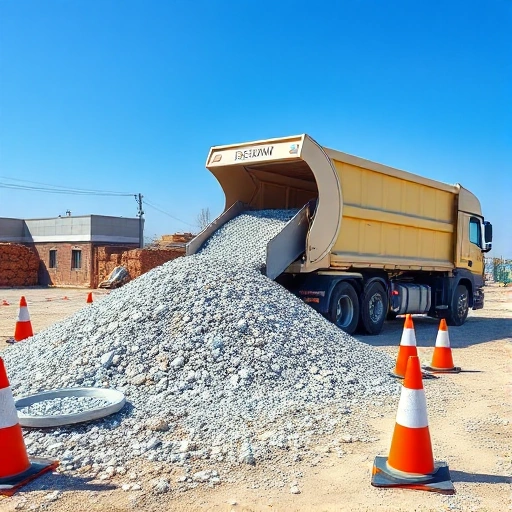 A modern construction site with a delivery truck unloading crushed stone ( щебень ) onto a prepared gravel base, surrounded by tools and safety cones, clear blue sky, professional and clean visual style