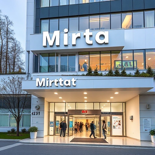 A detailed view of the exterior and interior of the medical center 'Mirta' in Kostroma, showing modern architecture, clean signage, well-maintained surroundings, and people entering or waiting inside, conveying a professional and welcoming healthcare environment
