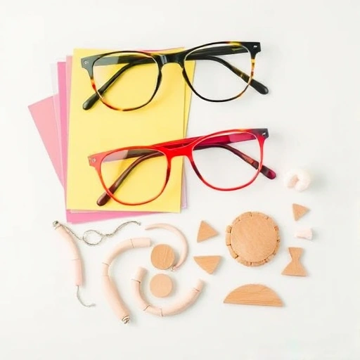 A clean, organized display of various materials suitable for making children's eyeglass frames, including colorful acetate sheets, lightweight metal wires, soft plastic components, and natural wood pieces, arranged neatly on a bright, child-friendly background with soft lighting, emphasizing safety, durability, and playful design elements for kids' eyewear