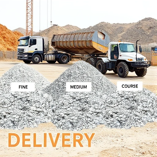 A construction site with various types of crushed stone (fine, medium, coarse) displayed in separate piles, a delivery truck unloading them, with a clear view of the stone textures and a delivery sign, all in a realistic style