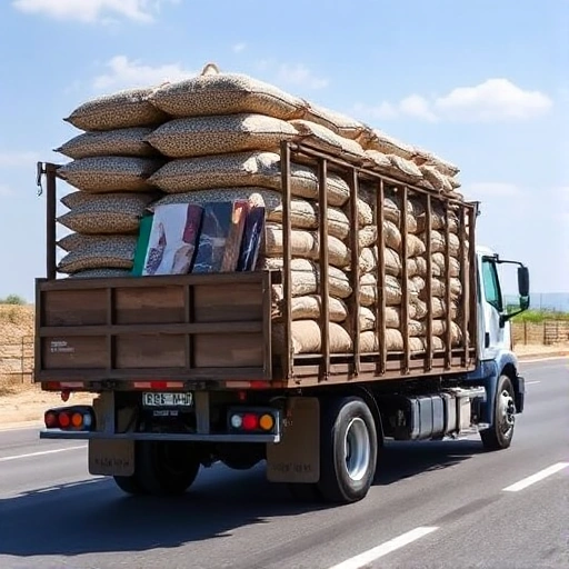A professional delivery truck loaded with bags of gravel or crushed stone, driving on a road with a clear sky, symbolizing the convenience and reliability of gravel delivery service