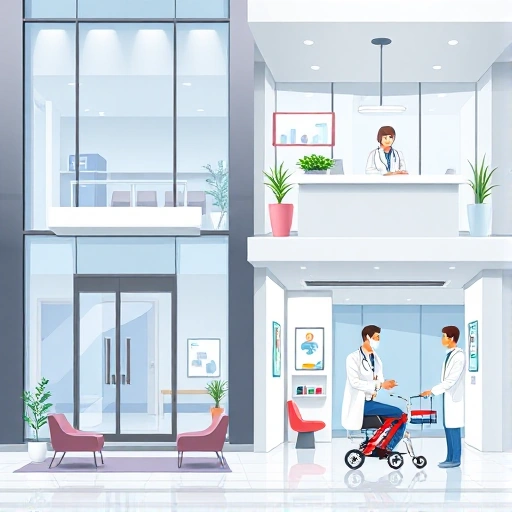 A modern medical center exterior and interior scene: a clean, glass-fronted building with a welcoming entrance, a reception desk with a friendly staff member in a white coat, a waiting area with comfortable chairs and a small plant, a consultation room with a doctor holding a stethoscope and a patient in a wheelchair, all depicted in a realistic style without any text or signage visible.