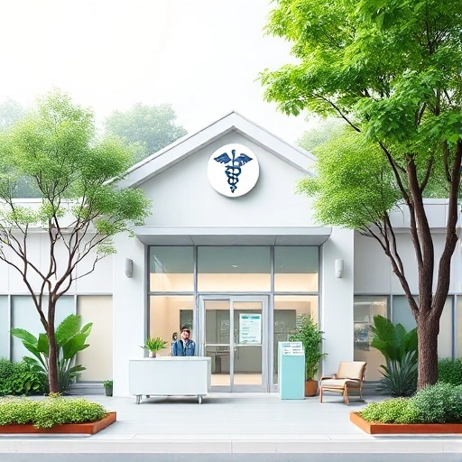 A modern medical center building with a welcoming entrance, surrounded by greenery, featuring a calm, professional atmosphere. Include a reception area with a friendly staff member, a waiting area with comfortable chairs, and a subtle medical symbol such as a stethoscope or caduceus in the background. The scene should convey cleanliness, efficiency, and care, with soft lighting and a neutral color palette.
