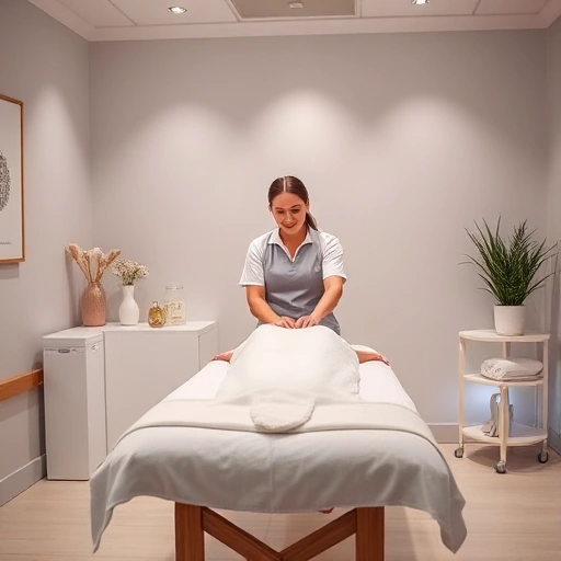 A professional massage therapist in a clean, modern Moscow clinic setting, offering a relaxing massage session with a client, showcasing the benefits of renting a massage therapist in Moscow, with elements like comfortable massage table, soothing lighting, and professional equipment, smallHQ