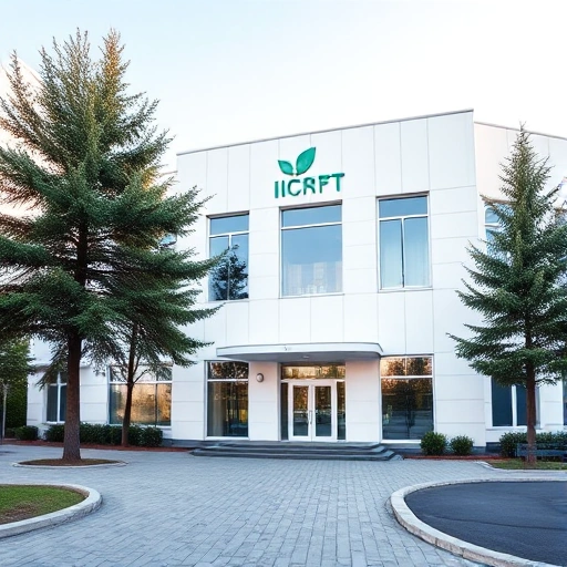 A modern medical center building named 'Мирт' in Kostroma, Russia, with a clean white facade, large windows, a subtle green accent logo, surrounded by trees and a paved walkway, soft daylight, professional and welcoming atmosphere, no people visible