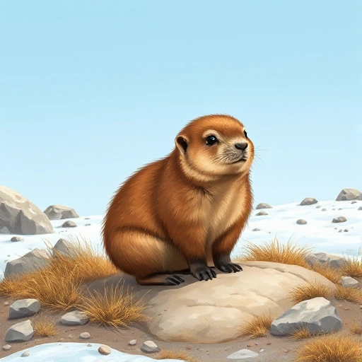 A detailed illustration of a lemming in a natural Arctic tundra environment, showing its small rodent body with brown fur, short ears, and compact body, surrounded by sparse vegetation, rocks, and a clear sky, educational and scientific style