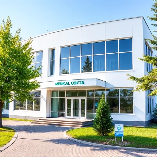 A modern medical center building named 'Мирт' in Kostroma, Russia, with a clean white and light blue facade, large windows, a visible sign with Cyrillic text 'Медицинский центр » Мирт»', surrounded by green trees and a paved walkway, bright daylight, professional and welcoming atmosphere, no people visible
