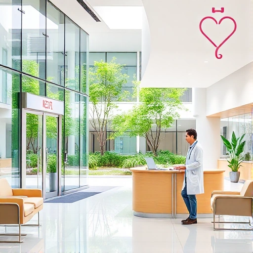 A modern medical center building with a glass facade and a green courtyard, a welcoming entrance with a reception desk, a waiting area with comfortable chairs and a calm atmosphere. A friendly doctor in a white coat greets a patient at the desk. The scene is bright, clean, and professional, with subtle medical symbols like a stethoscope and a heart shape in the decor, but no visible text or signage.