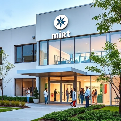 A modern medical center building with a welcoming entrance, a subtle logo representing 'Mirt', patients and staff interacting in a calm, professional atmosphere, green landscaping, and a clean interior visible through large windows.
