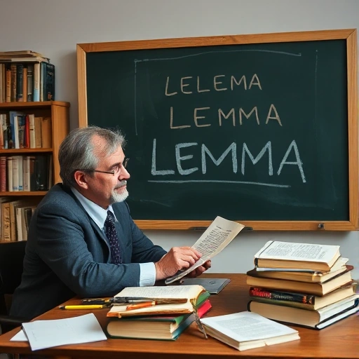 A scholarly scene depicting a linguist analyzing the concept of LEMMA in linguistics, with a focus on academic elements like books, papers, and a chalkboard, in a smallHQ style