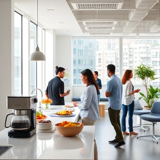 A modern office kitchen with employees using it during breaks, featuring a clean countertop with coffee machine, fruit bowl, and healthy snacks, bright natural lighting, ergonomic design, and collaborative atmosphere promoting productivity, smallHQ