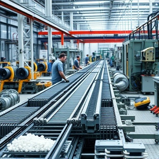 A modern industrial scene showing the production of cable management systems, featuring workers assembling metal and plastic cable trays, conduits, and supports on a factory line, with spools of cable, raw materials like steel coils and PVC pellets, and automated machinery in the background, emphasizing precision engineering and material handling