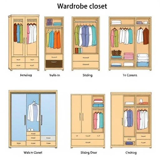 A detailed illustration showing various types of wardrobe closets for clothing, including wardrobe armoires, walk-in closets, sliding door closets, and built-in wardrobes, each depicted with their distinct features and design elements, arranged in a clear, organized layout to highlight their differences and characteristics, in a smallHQ style