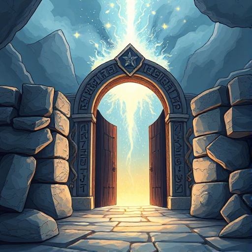 A detailed illustration of a mystical gateway or threshold (Порога) representing its origin and meaning, showing symbolic elements like ancient runes, a glowing archway, and ethereal light, in a clear, high-quality smallHQ style