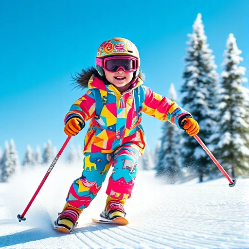 A vibrant children's ski outfit featuring bold, colorful patterns such as geometric shapes, stripes, and playful animal motifs in bright reds, electric blues, sunny yellows, and neon greens, worn by a cheerful child skiing down a snowy mountain slope under a clear blue sky, with snow-covered pine trees in the background, dynamic motion blur to suggest speed, high detail, realistic fabric texture, no logos or text visible