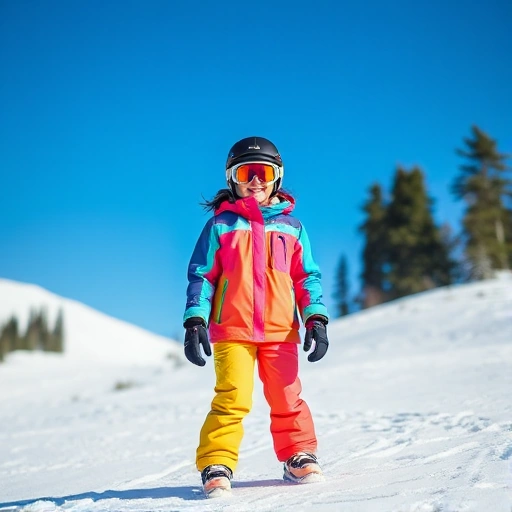 A cheerful young girl wearing colorful, functional ski clothing including a bright insulated jacket, waterproof pants, gloves, helmet, and goggles, standing on a snowy mountain slope under a clear blue sky, with pine trees in the background and soft natural lighting, emphasizing warmth, safety, and active winter fun