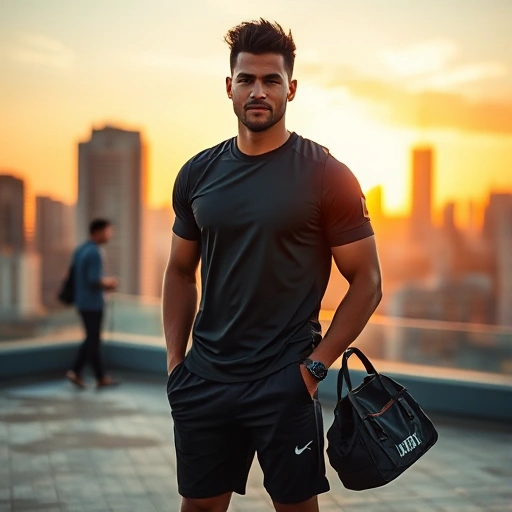 A confident male athlete wearing modern sportswear, standing on a city rooftop at sunset, with a subtle celebrity silhouette in the background holding a sports bag, soft golden light, realistic lighting, high detail, fashion photography style