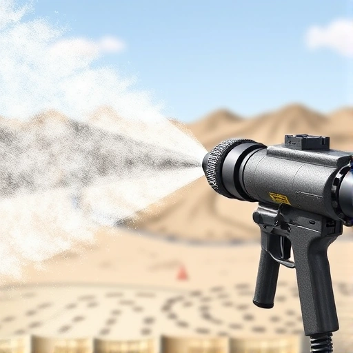 A detailed illustration of a dust suppression gun in operation, showing a high-pressure water or mist spray being emitted from a nozzle to suppress airborne dust particles in an industrial environment such as a mining site or construction area, with visible dust clouds being captured and settled by the spray, realistic textures, clear focus on the gun mechanism and spray pattern, no text or labels