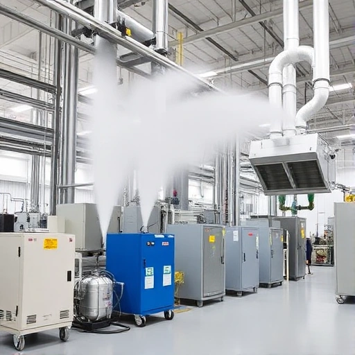 A modern industrial factory setting with advanced dust suppression systems in operation, featuring water mist generators, HEPA filter housings, and dust collection hoods, all in a clean, high-tech environment, no visible text or signage.