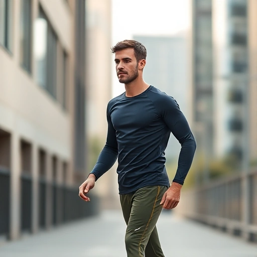 A modern male athlete wearing functional sportswear: sleek, breathable fabric with ergonomic seams, moisture-wicking technology, and minimalist design in neutral tones (charcoal, navy, olive), standing in an urban outdoor setting with soft natural light, emphasizing movement and performance — no logos, no text, no accessories, pure focus on garment functionality and form
