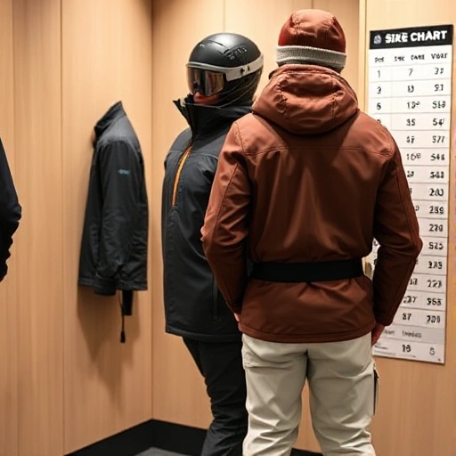 A person trying on ski clothing in a fitting room, checking the fit of a jacket and pants, with a size chart visible on the wall showing measurements for height, chest, waist, and inseam, soft natural lighting, realistic details, no text or numbers visible on clothing or chart