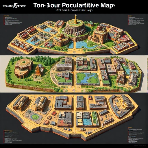 A detailed, vibrant illustration of the top 3 most popular competitive maps in Counter-Strike 2, each represented by its iconic layout and key locations like bomb sites, chokepoints, and main routes, with clear visual distinctions between maps in a single panoramic view