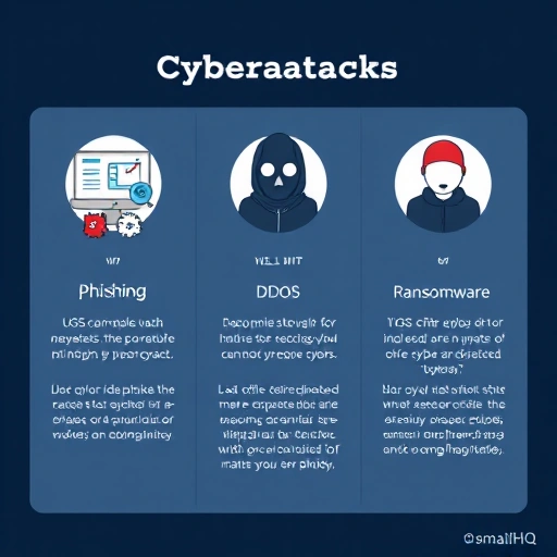 A detailed infographic-style illustration showing three distinct types of cyberattacks (phishing, DDoS, ransomware) with their unique characteristics and visual representations, using clean smallHQ style with clear icons and minimal text elements