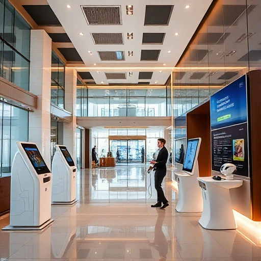 A modern hotel lobby featuring automated check-in kiosks with touchscreens, robotic concierge assistants, smart room control panels integrated into the decor, digital room availability displays, and sleek self-service beverage stations, all set in a bright, minimalist interior with ambient lighting and glass elements, showcasing cutting-edge hospitality technology in a clean, efficient environment