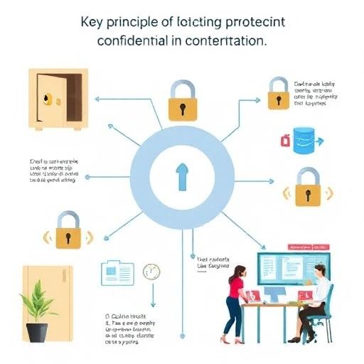 An infographic-style illustration showing key principles of protecting confidential information, including a locked safe, digital padlocks, encrypted data streams, and people collaborating in a secure office environment, all rendered in a clear, simple, and educational visual style