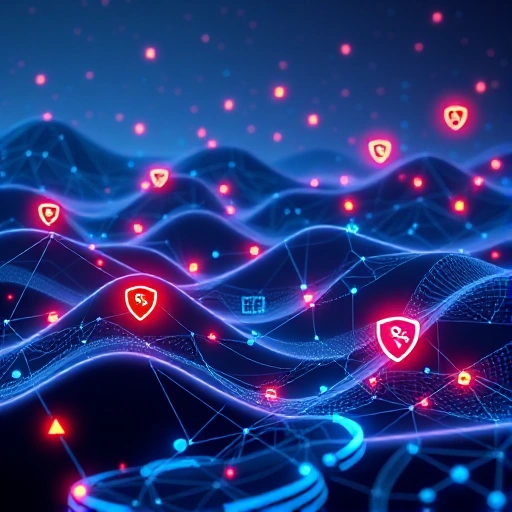 A modern digital landscape showing abstract representations of cybersecurity challenges like glowing network nodes, encrypted data streams, shield icons, and warning symbols, with a clean, high-tech aesthetic