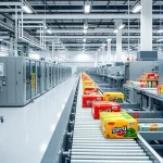 A modern industrial facility with sleek packaging machinery, conveyor belts moving colorful product packages, and a subtle timeline graphic in the background showing milestones from the company's founding to present day, all in a clean, professional aesthetic with soft lighting and high detail