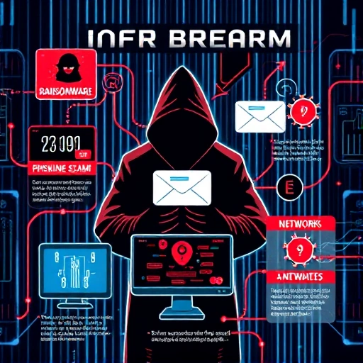 A detailed infographic-style illustration showing modern cyber threats such as ransomware attacks, phishing scams, malware infections, and DDoS attacks, depicted with symbolic visuals like a hacker silhouette, a phishing email with a hook, a computer screen with viruses, and a network being overwhelmed, all set against a futuristic digital background with glowing lines and data streams, emphasizing clarity and educational value