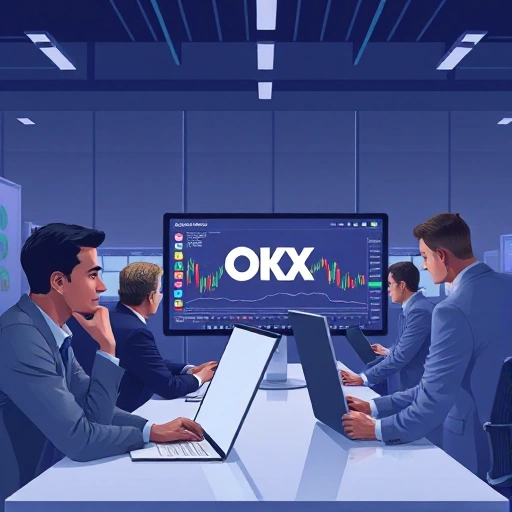 A professional and trustworthy digital illustration showing a diverse group of traders in a modern financial office, analyzing cryptocurrency charts on large screens, with the OKX logo subtly visible on a monitor in the background, conveying reliability and confidence in the platform; soft ambient lighting, clean minimalist design, no text or numbers on screens or surfaces