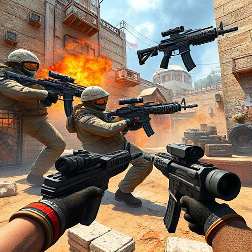 A dynamic scene showcasing new Counter-Strike 2 maps and weapons, featuring detailed in-game environments with modern tactical gear, futuristic weaponry, and realistic textures, vibrant colors, action-oriented composition, smallHQ style