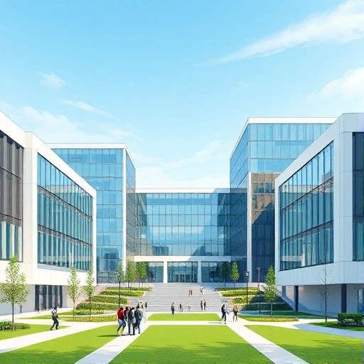 A modern, high-quality illustration of the MITU (Moscow Institute of Technology and Management) campus, featuring sleek academic buildings with glass facades, students walking between structures, green lawns, and a clear blue sky, conveying a sense of innovation and academic excellence, in a clean, professional, and visually appealing style