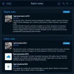 A clean, modern digital interface displaying CS2 update notes and patch notes in Russian, featuring a dark theme with blue and white accents, organized sections with icons for game updates, bug fixes, and performance improvements, no text on image