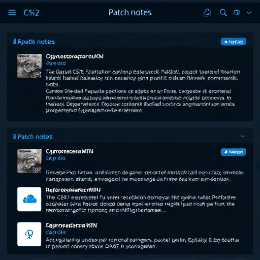 A clean, modern digital interface displaying CS2 update notes and patch notes in Russian, featuring a dark theme with blue and white accents, organized sections with icons for game updates, bug fixes, and performance improvements, no text on image
