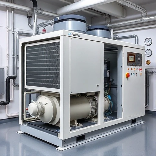 A modern industrial chiller unit with visible components like compressor, condenser, evaporator, and control panel, installed in a clean technical room with pipes and gauges, illustrating its function in cooling systems for HVAC or industrial processes