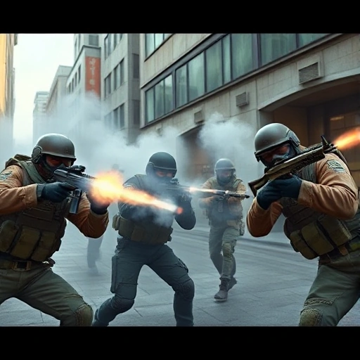 A dynamic scene from Counter-Strike 2 showing a team of players executing a coordinated tactical maneuver in a modern urban environment, with smoke grenades, tactical gear, and realistic weapon handling, emphasizing teamwork and strategy