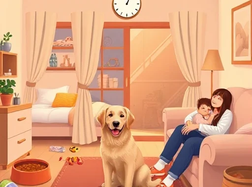 A cozy home interior showing a daily routine for a pet: morning feeding with a bowl of food, midday playtime with toys, afternoon nap on a soft bed, evening walk outside with a leash, and nighttime cuddling with the owner on a sofa. Include a clock on the wall showing time progression from 7 AM to 9 PM. The pet is a happy, healthy golden retriever. Warm natural lighting, soft colors, realistic but gentle illustration style.