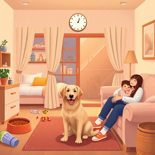 A cozy home interior showing a daily routine for a pet: morning feeding with a bowl of food, midday playtime with toys, afternoon nap on a soft bed, evening walk outside with a leash, and nighttime cuddling with the owner on a sofa. Include a clock on the wall showing time progression from 7 AM to 9 PM. The pet is a happy, healthy golden retriever. Warm natural lighting, soft colors, realistic but gentle illustration style.