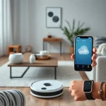 A modern home interior with subtle AI integration: a smart speaker on a coffee table, a robot vacuum cleaning the floor, a smartphone displaying a weather app with AI-generated forecast, and a wearable health tracker on a wrist, all in a clean, minimalist Scandinavian design with soft natural lighting