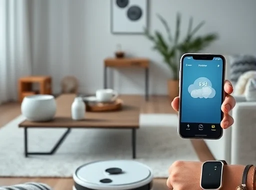 A modern home interior with subtle AI integration: a smart speaker on a coffee table, a robot vacuum cleaning the floor, a smartphone displaying a weather app with AI-generated forecast, and a wearable health tracker on a wrist, all in a clean, minimalist Scandinavian design with soft natural lighting