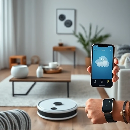A modern home interior with subtle AI integration: a smart speaker on a coffee table, a robot vacuum cleaning the floor, a smartphone displaying a weather app with AI-generated forecast, and a wearable health tracker on a wrist, all in a clean, minimalist Scandinavian design with soft natural lighting
