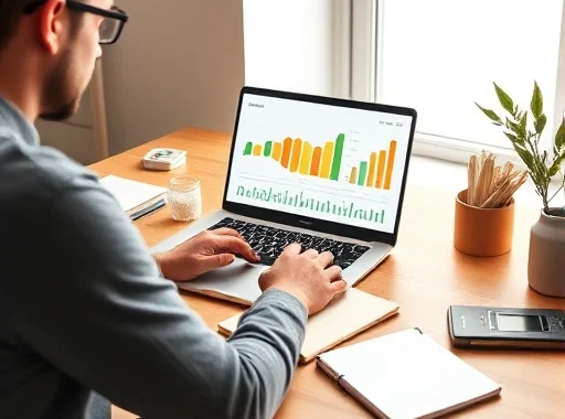 A person sitting at a wooden desk with a laptop, notebook, and calculator, reviewing a colorful budget chart on screen, with icons of savings piggy bank, stock growth graph, and wallet nearby, soft natural light from a window, modern minimalist home office, warm tones, clean and organized atmosphere
