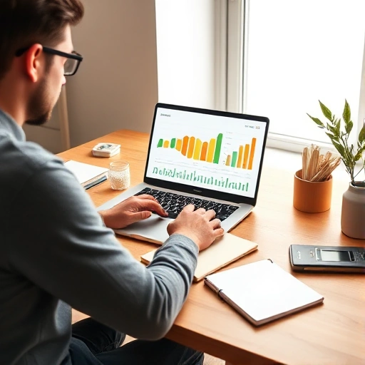 A person sitting at a wooden desk with a laptop, notebook, and calculator, reviewing a colorful budget chart on screen, with icons of savings piggy bank, stock growth graph, and wallet nearby, soft natural light from a window, modern minimalist home office, warm tones, clean and organized atmosphere