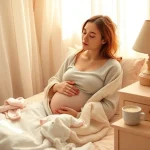 A young mother sitting peacefully in a sunlit bedroom, gently resting with eyes closed, one hand on her belly and the other holding a soft blanket, surrounded by subtle signs of motherhood like a tiny onesie folded nearby and a steaming mug of tea on a nightstand, warm natural light filtering through sheer curtains, soft pastel tones, serene and intimate atmosphere, no text or words visible